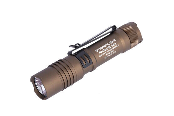 Streamlight ProTac 1L-1AA handheld 350 lumen tactical flash light with coyote finish can be powered by CR123A or AA batteries